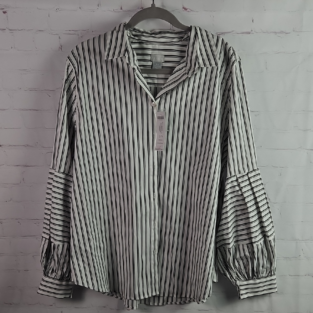 Chico's (3.5) XL/18 Billow Sleeve Poplin Black & White Striped Women's Shirt NWT